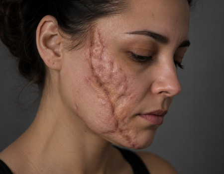 A woman with a large, healed scar on her left cheek looks down with a neutral expression against a plain background.