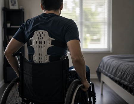 A man wearing a back brace sits in a wheelchair in a bedroom, facing a window with blinds.