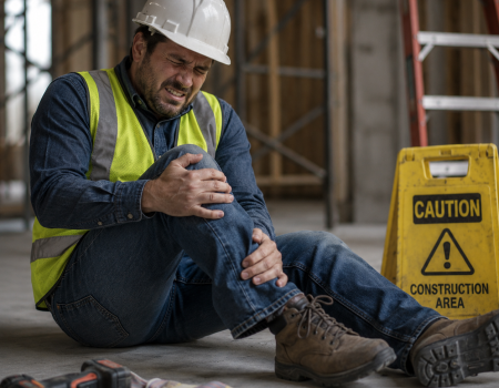 A construction worker in a hard hat and safety vest sits on the ground, clutching his knee in pain next to tools and a "Caution Construction Area" sign.