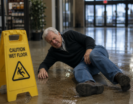 An older man lies on the wet floor in a hallway near a "Caution Wet Floor" sign, appearing to be in pain after a fall.
